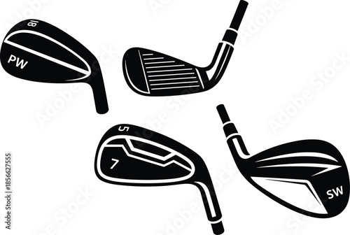 Golf club set illustration on transparent background vector equipment sport game iron metal.