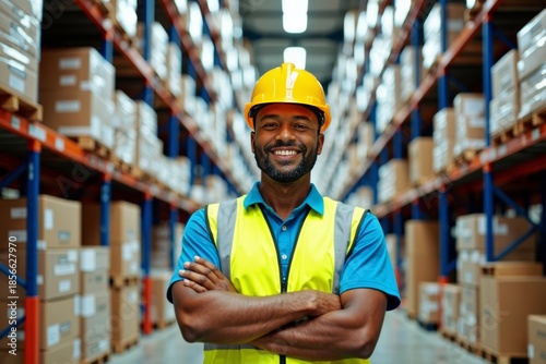 African American Worker Exuding Pride in a Fully Stocked Export Warehouse