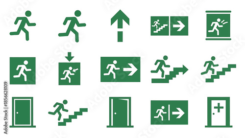 Set of emergency exit signs and icons representing evacuation routes, doors, and stairs