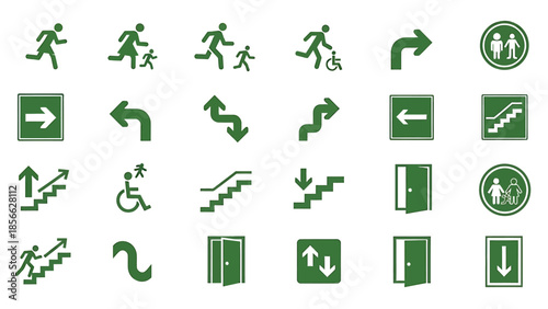 Collection of green directional and informational symbols for various purposes, including navigation and safety