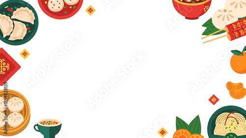 Festive Chinese New Year Celebration Vector Background with Traditional Asian Food and Cultural Elements