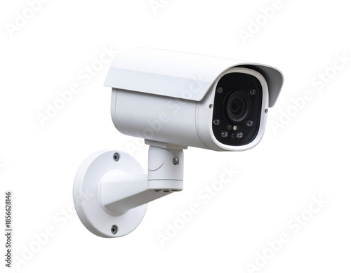 On a white background, a contemporary white security camera is isolated as part of a surveillance system for home protection and crime prevention, cut out