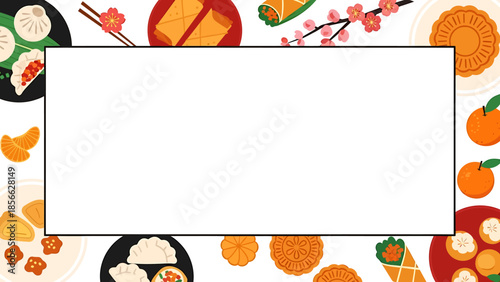 Vector graphic border with diverse traditional Asian food items, including dumplings, mooncakes, and spring rolls, for festive cultural designs