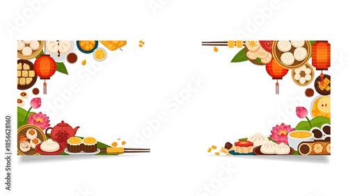 Asian food festival with lanterns and delicious dim sum dishes, cultural celebration illustration