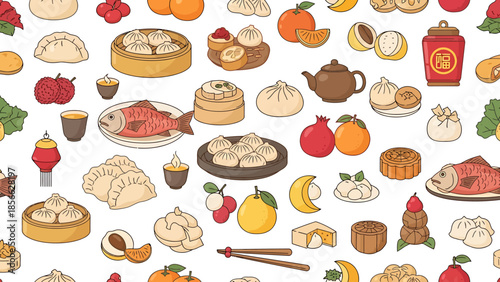 Seamless Vector Pattern of Traditional Asian Delicacies and Festive Symbols for Cultural Celebrations and Culinary Designs