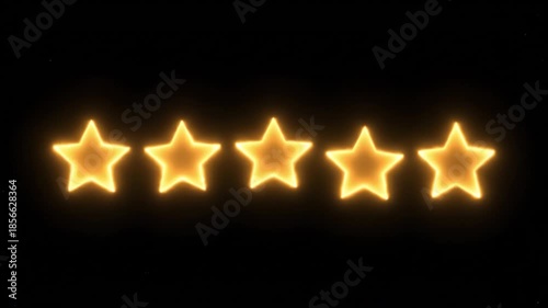 Gold glowing five star rating on black background with premium gold light glow and glowing star rating neon luminous soft halo conveying excellence and premium quality