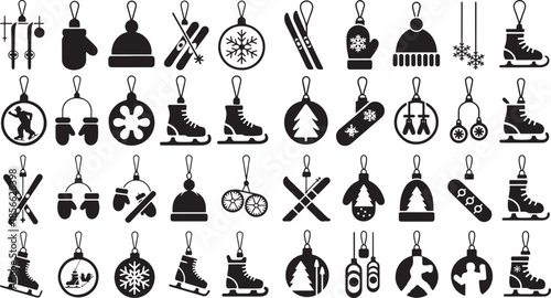 Black silhouette winter sports and Christmas tree ornament icons hanging on strings