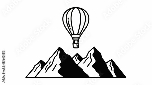 Hot air balloon floating above majestic mountain peaks illustration.