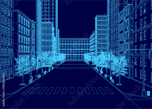 A city street scene with tall buildings and trees in the background, lined with poles under a clear sky.