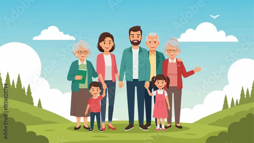 Happy multi-generational family standing together outdoors on a sunny day.