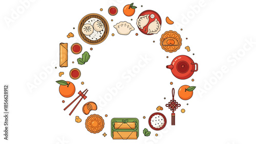 Round Arrangement of Chinese Food and Drink Items in a Circle Design