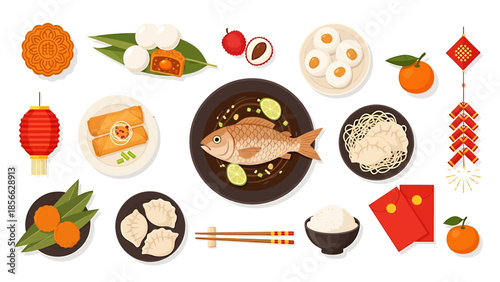 Chinese New Year Food and Decorations Vector Set