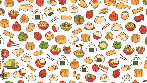 Seamless Pattern of Asian Food Icons, Featuring Delicious Dishes and Culinary Delights