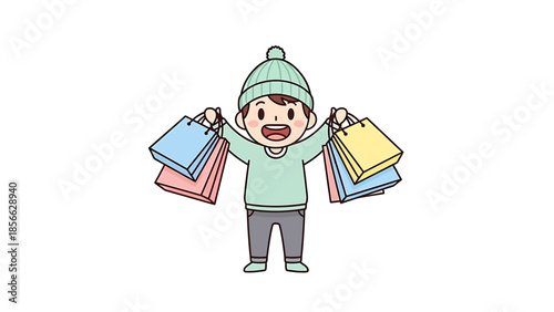 Excited child with shopping bags and winter hat celebrating consumerism and gift-giving with joy and enthusiasm