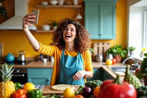 Joyful Woman Dancing and Snaping Selfies in Colorful Kitchen Filled with Fruits and Veggies