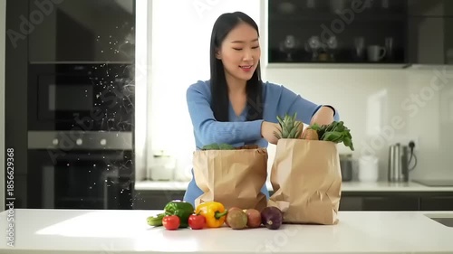 Young Asian woman unpacking groceries in modern kitchen, healthy lifestyle and home cooking.