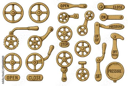 Details of valve wheels and controls used in industrial settings for controlling pressure and flow in systems