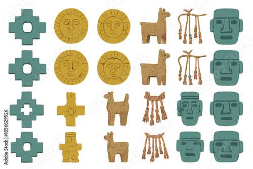 Collection of clay figures and artifacts from ancient cultures displayed on a flat surface in various colors and shapes