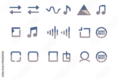 Symbols showing music, sound, and interface elements in a simple design layout