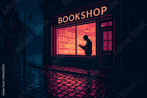 Bookshop at night with a person reading inside during a rainy evening
