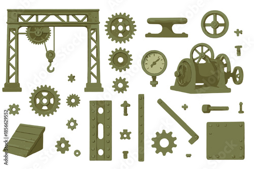 Models and parts arranged on a white background showing different elements of machinery and mechanical systems outside any specific setting