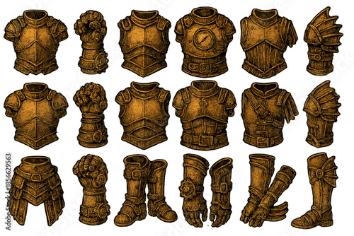 Collection of armor pieces displayed in a grid layout for a fantasy setting or game design use