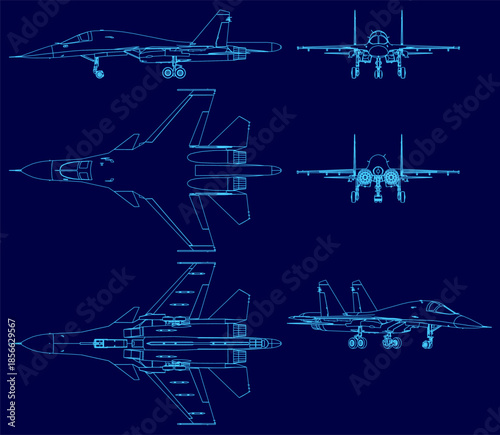 Distinct fighter jet contours form a military set on a blue background. Each detailed blueprint highlights unique wings, engines, and structural features with stark contrast.