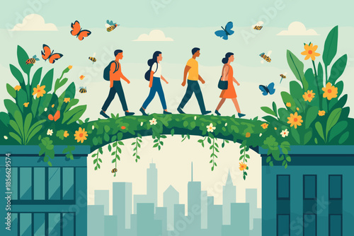 People walking on a green bridge surrounded by plants and butterflies in an urban setting during the day