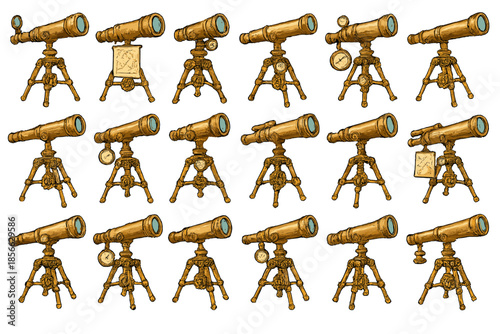 Different types of telescopes displayed in a grid format, each with unique designs and details for viewing objects in the sky or distant places