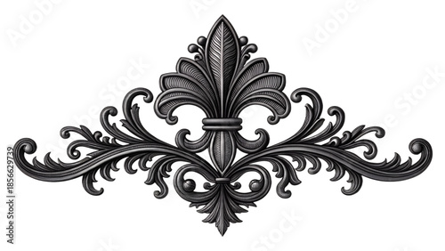 Intricate black ornamental vintage scroll design with symmetrical floral and leaf detailing in an antique engraving style