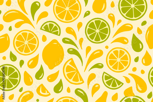 Bright lemon and lime pattern with drops illustrating freshness and summer vibes in warm colors