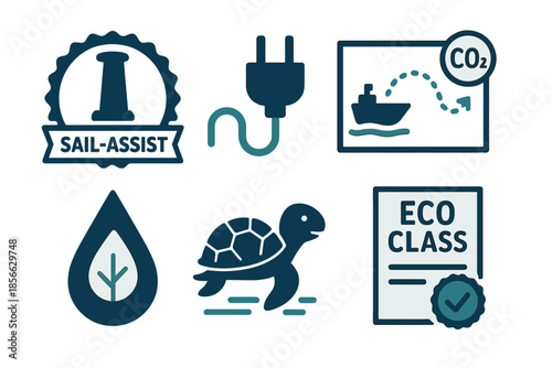 Sail assist graphic showing maritime symbols like energy, environment, and sustainability concepts for eco-friendly travel
