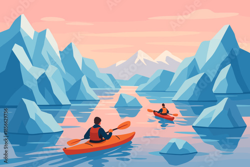 Kayakers move through icy waters surrounded by mountains and glaciers during sunset
