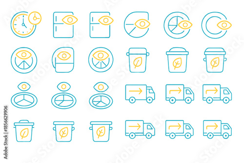 Icons showing various concepts of time, recycling, and transportation for environmental awareness