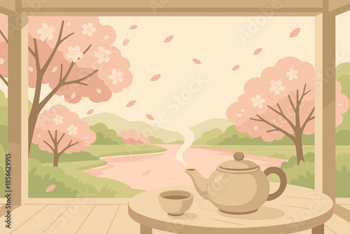 Tea and nature view from a wooden deck with pink trees beside a river during spring season