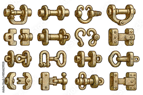 Various types of metal fasteners and connectors shown in a simple arrangement on a white background for reference and design use