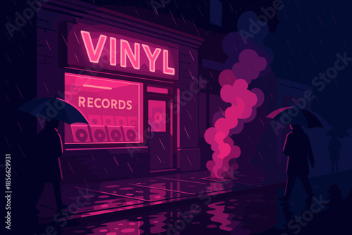 Bright neon lights of a record store shine during a rainy night with figures walking under umbrellas in the street