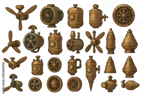 Group of mechanical parts and devices arranged in a grid pattern with a steampunk style and design