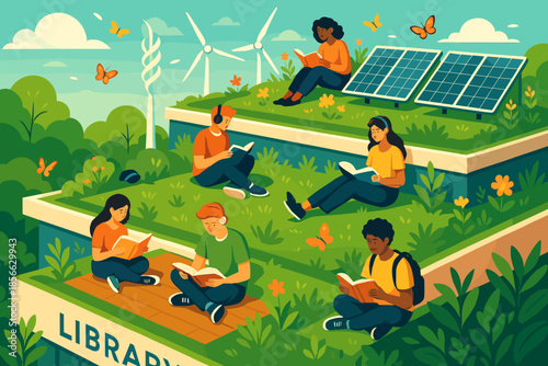 Students read books on a green roof of a library while enjoying nature and renewable energy