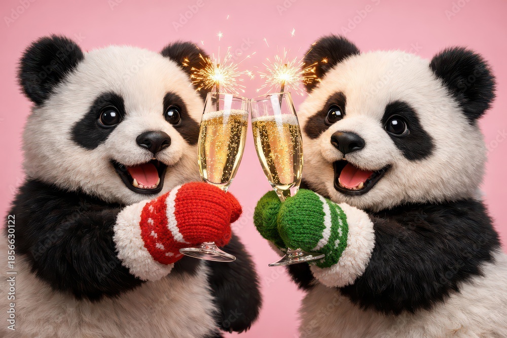 Fototapeta premium Two pandas wearing mittens toasting with champagne and sparklers