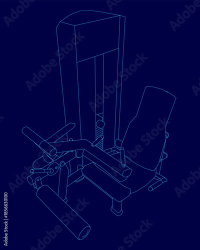 A seated leg curl trainer features a sturdy frame with comfortable armrests and a digital progress display. The white exerciser contrasts sharply against the blue blueprint background.