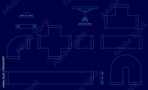 A modular bundle of industrial pipes and fittings arranged in a detailed plumbing blueprint on a solid blue background.