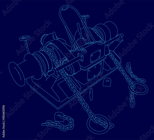 Detailed blueprint of a ship's windlass winch with chains, featuring precise mechanical contours and components. The technical drawing contrasts sharply against a solid blue background.