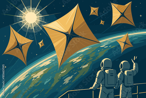 View of space with astronauts watching solar sails near Earth during a sunny day