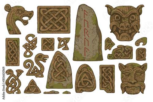 Intricate designs and carvings of mythical creatures, symbols, and stones found in ancient Nordic cultures and traditions