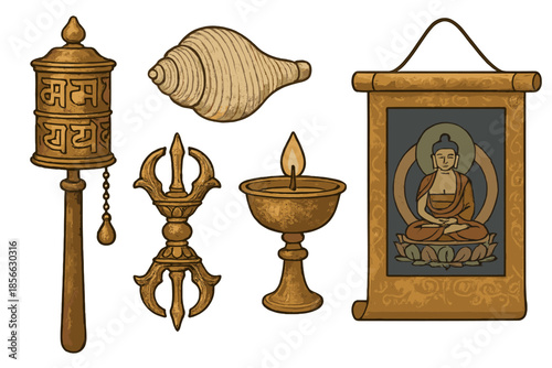 Collection of traditional items associated with meditation and spirituality from various cultures
