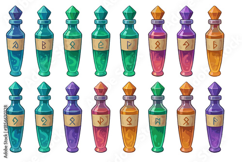 Various potion bottles with colorful liquids and labels, arranged in a neat line on a white background for magical use