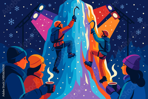 Climbers scale an ice wall while spectators enjoy warm drinks at a winter festival in a snowy mountain setting
