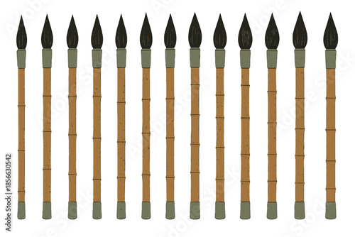 Crafting tools arranged in a long line on a white background during daylight hours