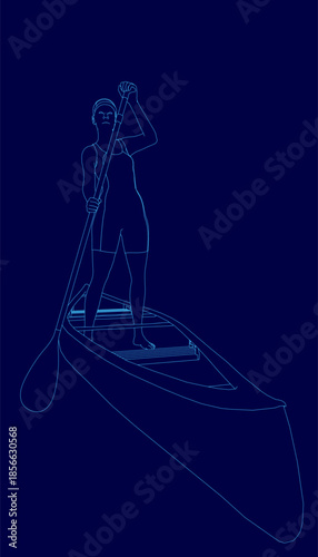 A woman in a wetsuit stands confidently on a bright blue paddle board, holding a paddle against a light blue background.